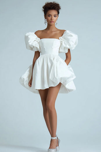 White A Line Off the Shoulder Ruffled Satin Short Graduation Dress