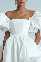 Load image into Gallery viewer, White A Line Off the Shoulder Ruffled Satin Short Graduation Dress
