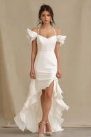 Load image into Gallery viewer, Ivory Sheath High-Low Rehearsal Dinner Dress with Ruffles