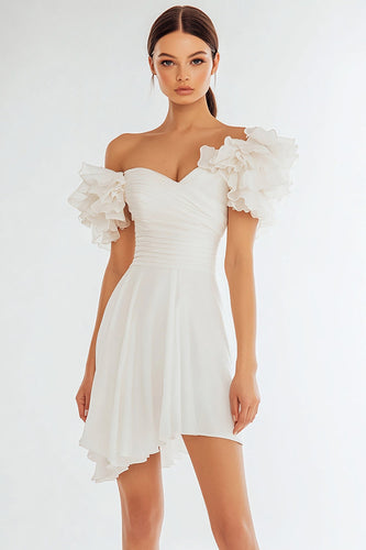 Ivory A Line Off the Shoulder Short Graduation Dress with Ruffles