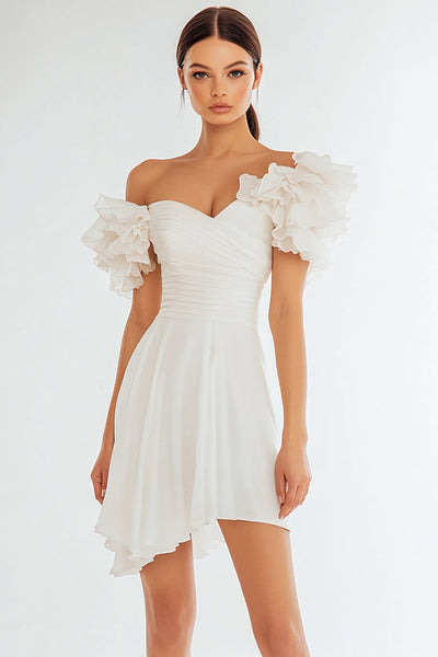 Ivory A Line Off the Shoulder Short Graduation Dress with Ruffles
