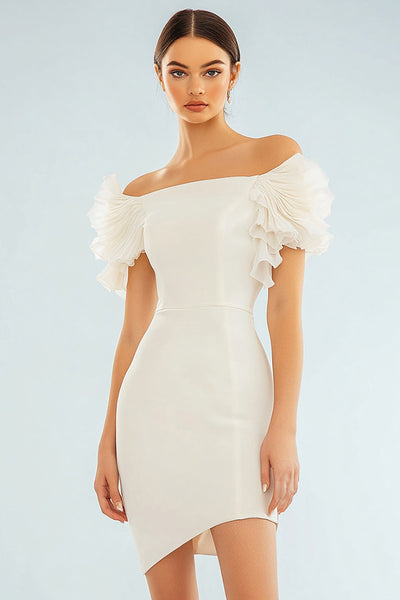 Ivory Bodycon Off the Shoulder Ruffled Satin Short Graduation Dress