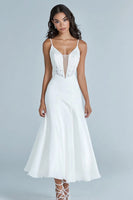Load image into Gallery viewer, White Satin Corset Maxi Regearsal Dinner Dress with Appliques