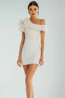 Load image into Gallery viewer, Ivory Bodycon One Shoulder Ruffled Satin Short Graduation Dress