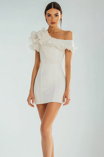 Ivory Bodycon One Shoulder Ruffled Satin Short Graduation Dress
