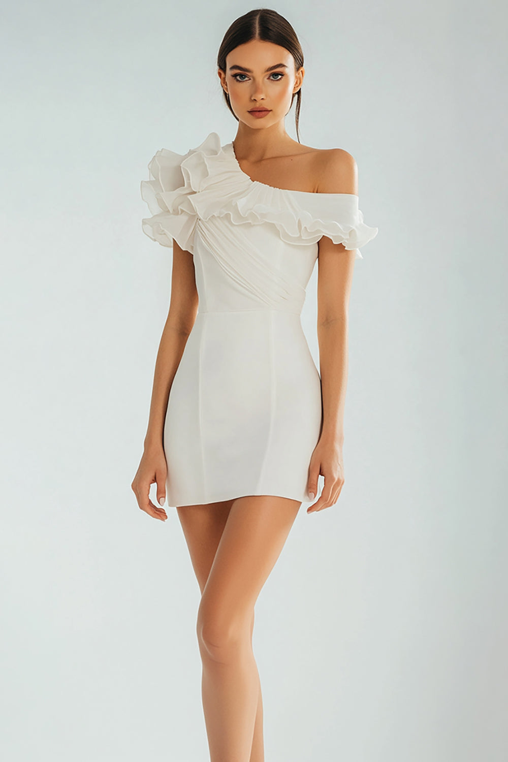 Ivory Bodycon One Shoulder Ruffled Satin Short Graduation Dress