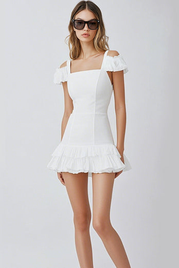 White A Line Cold Shoulder Satin Short Graduation Dress