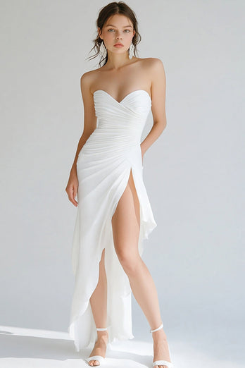 White Sheath Strapless Ruched Maxi Rehearsal Dinner Dress