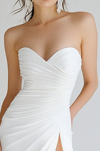 White Sheath Strapless Ruched Maxi Rehearsal Dinner Dress