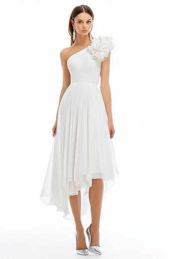 White A Line One Shoulder Chiffon Maxi Graduation Dress with Ruffles