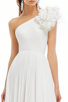 Load image into Gallery viewer, White A Line One Shoulder Chiffon Maxi Graduation Dress with Ruffles