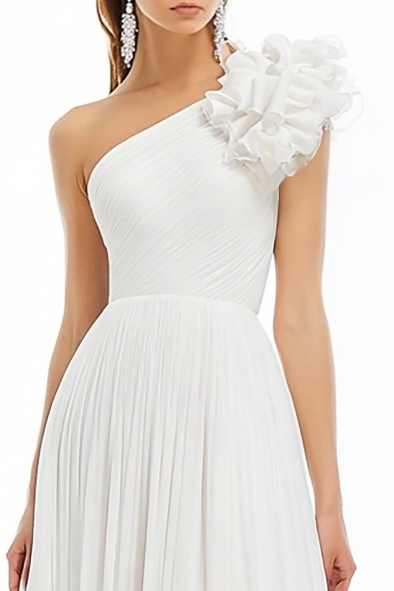Load image into Gallery viewer, White A Line One Shoulder Chiffon Maxi Graduation Dress with Ruffles