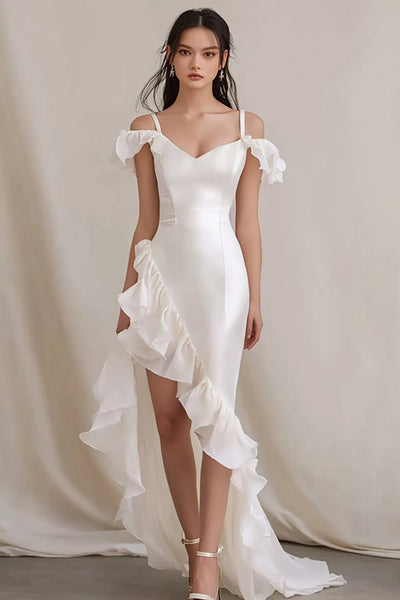 White Sheath Cold Shoulder Maxi Rehearsal Dinner Dress with Ruffles