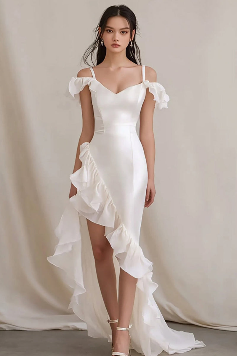 Load image into Gallery viewer, White Sheath Cold Shoulder Maxi Rehearsal Dinner Dress with Ruffles