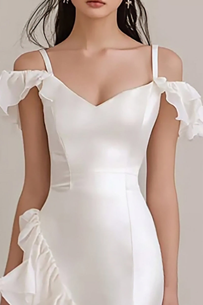 Load image into Gallery viewer, White Sheath Cold Shoulder Maxi Rehearsal Dinner Dress with Ruffles