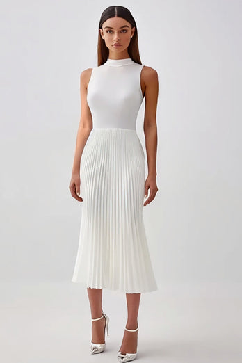 White Sheath High Neck Pleated Chiffon Maxi Rehearsal Dinner Dress