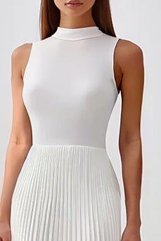 White Sheath High Neck Pleated Chiffon Maxi Rehearsal Dinner Dress