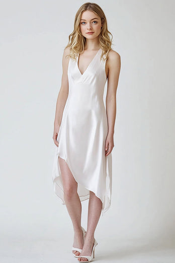 White Sheath V-Neck Satin Asymmetrical Graduation Dress