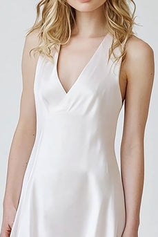 White Sheath V-Neck Satin Asymmetrical Graduation Dress