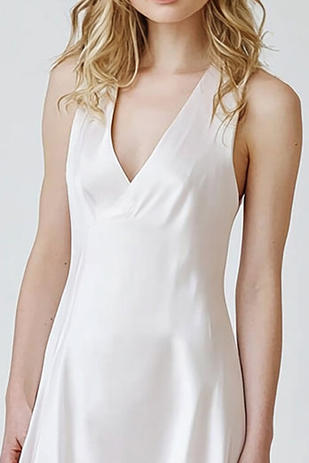 White Sheath V-Neck Satin Asymmetrical Graduation Dress