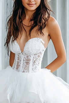 White A Line Tulle Corset Graduation Dress with Lace Appliques