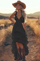 Load image into Gallery viewer, Ivory A Line Ruffled Spaghetti Straps High-Low Rehearsal Dinner Dress