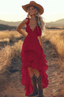 Load image into Gallery viewer, Ivory A Line Ruffled Spaghetti Straps High-Low Rehearsal Dinner Dress