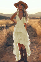 Load image into Gallery viewer, Ivory A Line Ruffled Spaghetti Straps High-Low Rehearsal Dinner Dress