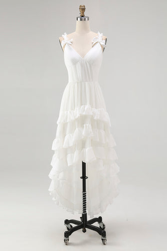 Ivory Spaghetti Straps A Line High-Low Ruffled Rehearsal Dinner Dress