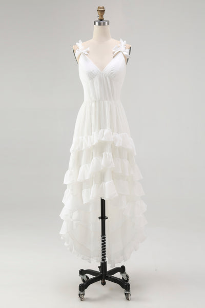 Ivory Spaghetti Straps A Line High-Low Ruffled Rehearsal Dinner Dress