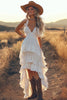 Load image into Gallery viewer, Ivory A Line Ruffled Spaghetti Straps High-Low Rehearsal Dinner Dress