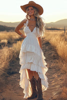 Load image into Gallery viewer, Women Ivory A Line Ruffled Rehearsal Dinner High-Low Spaghetti Straps Boho Western Country Wedding Dress