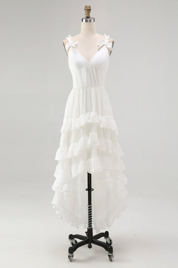 Ivory A Line Ruffled Spaghetti Straps High-Low Rehearsal Dinner Dress