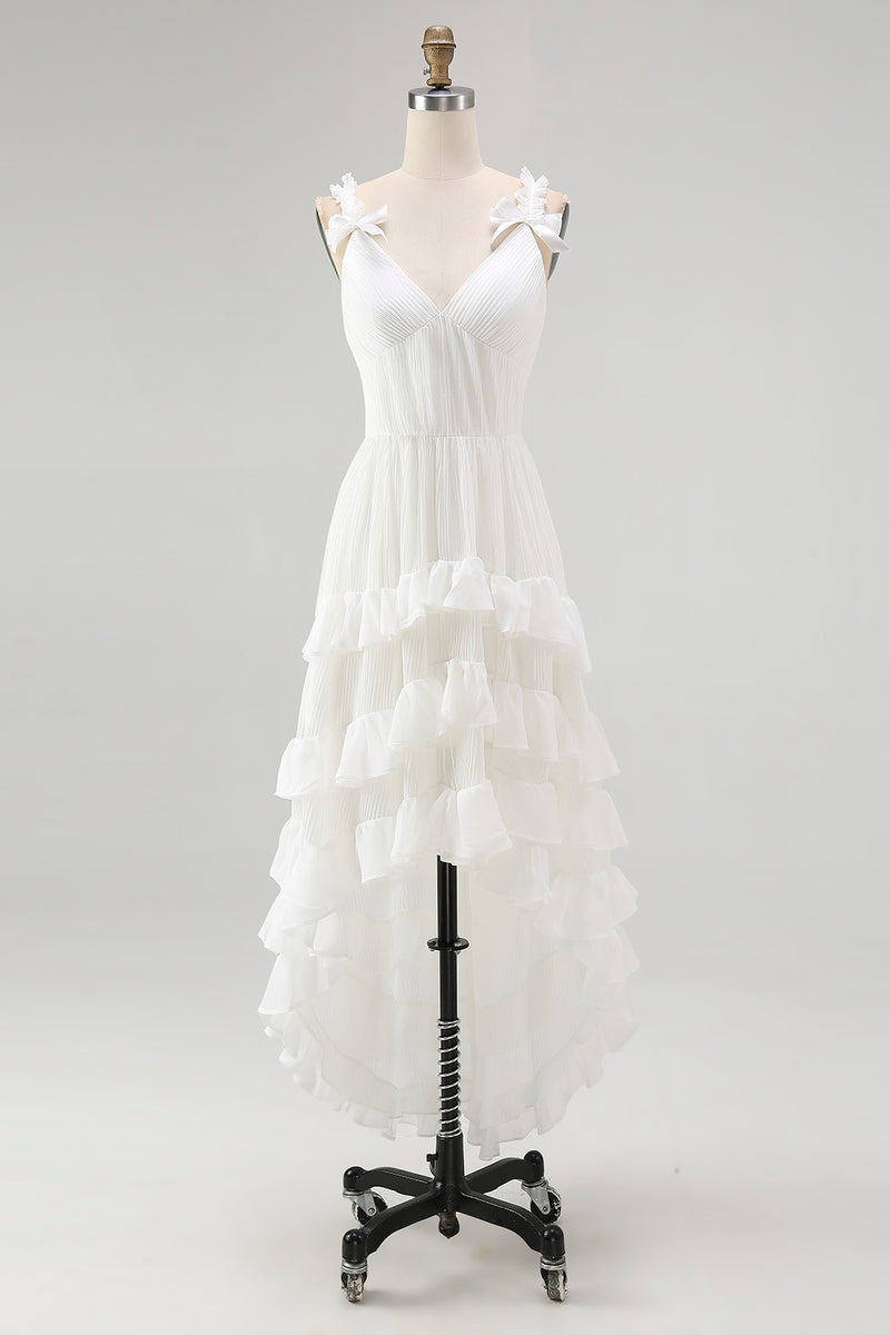 Load image into Gallery viewer, Ivory A Line Ruffled Spaghetti Straps High-Low Rehearsal Dinner Dress