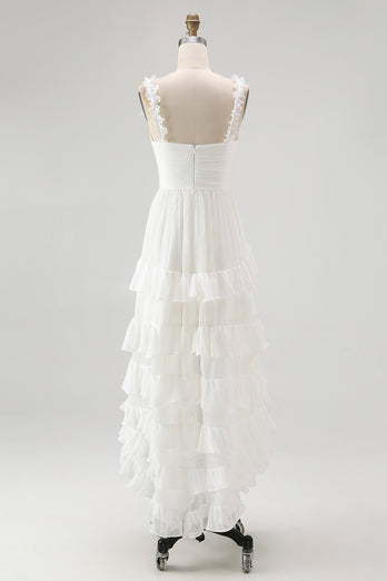 Ivory A Line Ruffled Spaghetti Straps High-Low Rehearsal Dinner Dress