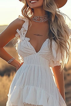 Ivory A Line Ruffled Spaghetti Straps High-Low Rehearsal Dinner Dress