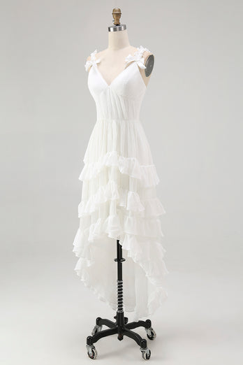 Ivory Spaghetti Straps A Line High-Low Ruffled Rehearsal Dinner Dress