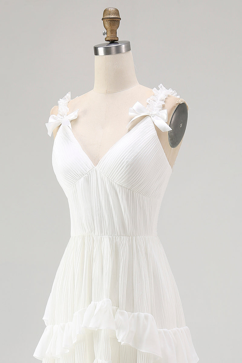 Load image into Gallery viewer, Ivory Spaghetti Straps A Line High-Low Ruffled Rehearsal Dinner Dress