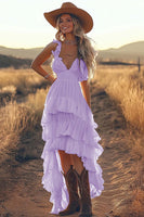 Load image into Gallery viewer, Ivory A Line Ruffled Spaghetti Straps High-Low Rehearsal Dinner Dress