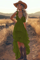 Load image into Gallery viewer, Ivory Spaghetti Straps A Line High-Low Ruffled Rehearsal Dinner Dress