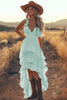 Load image into Gallery viewer, Ivory A Line Ruffled Spaghetti Straps High-Low Rehearsal Dinner Dress