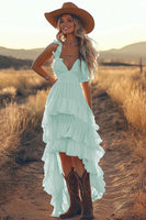 Load image into Gallery viewer, Ivory A Line Ruffled Spaghetti Straps High-Low Rehearsal Dinner Dress