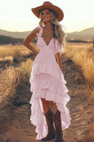 Load image into Gallery viewer, Ivory A Line Ruffled Spaghetti Straps High-Low Rehearsal Dinner Dress