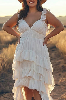 Ivory Ruffled A Line Plus Size Spaghetti Straps High-Low Rehearsal Dinner Dress