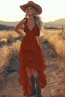 Load image into Gallery viewer, Ivory A Line Ruffled Spaghetti Straps High-Low Rehearsal Dinner Dress