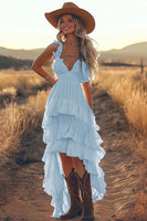 Load image into Gallery viewer, Ivory A Line Ruffled Spaghetti Straps High-Low Rehearsal Dinner Dress