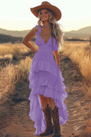 Load image into Gallery viewer, Ivory A Line Ruffled Spaghetti Straps High-Low Rehearsal Dinner Dress