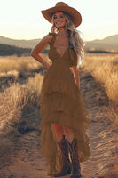 Load image into Gallery viewer, Ivory A Line Ruffled Spaghetti Straps High-Low Rehearsal Dinner Dress