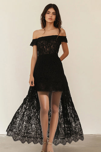 Black A Line Lace Off the Shoulder High-Low Cocktail Dress