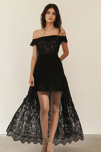 Black A Line Lace Off the Shoulder High-Low Cocktail Dress
